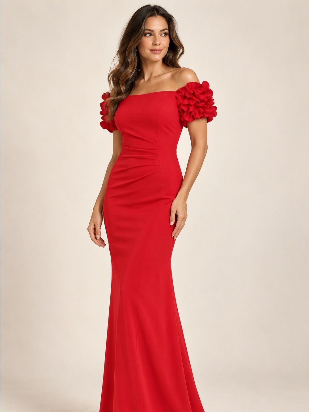 Xscape Red One-Shoulder Ruffle Sleeve Evening  Gown size 14